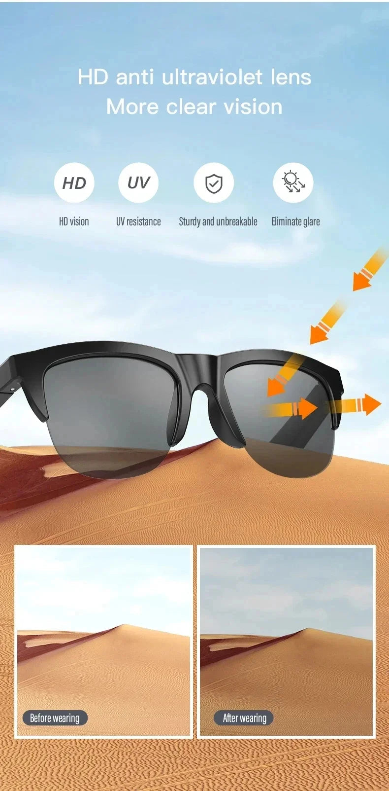 Xiaomi MIJIA Smart Sunglasses Glasses Bluetooth Call Outdoor Sports Headphones HIFI Blue Light Waterproof Anti-UV For Men Women